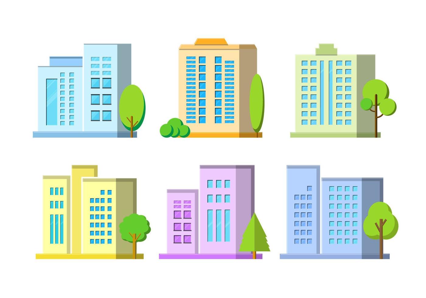 Gebäude flache Vektorsymbole gesetzt, Architekturvektor auf weißem Hintergrund, bunte Firma und Baum, moderne Baukollektion Stadt und Stadt vektor