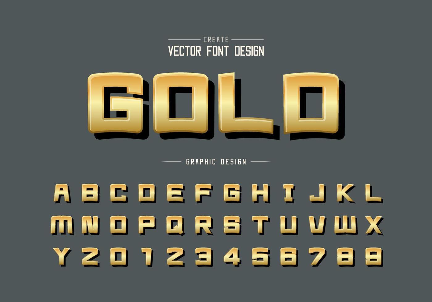 Goldschrift und Cartoon-Alphabet-Vektor, goldener quadratischer Schriftbuchstabe und Zahlendesign vektor