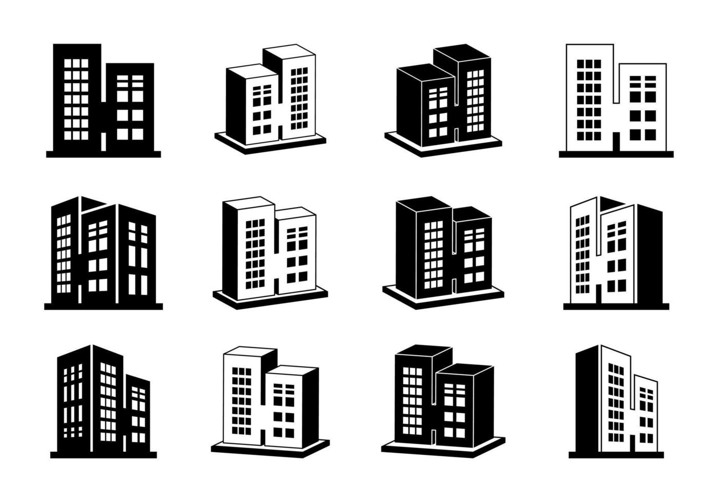 ikoner byggnadsuppsättning på vit bakgrund, siluett företag samling, vektor bank och kontor