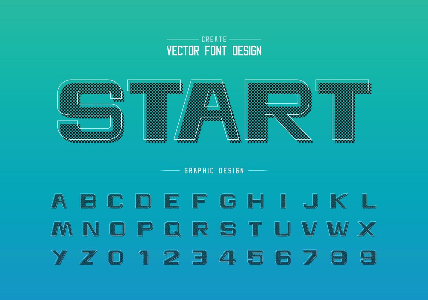 pixel fet stil och alfabet vektor, design typsnitt bokstav och siffra, grafisk text på bakgrunden vektor