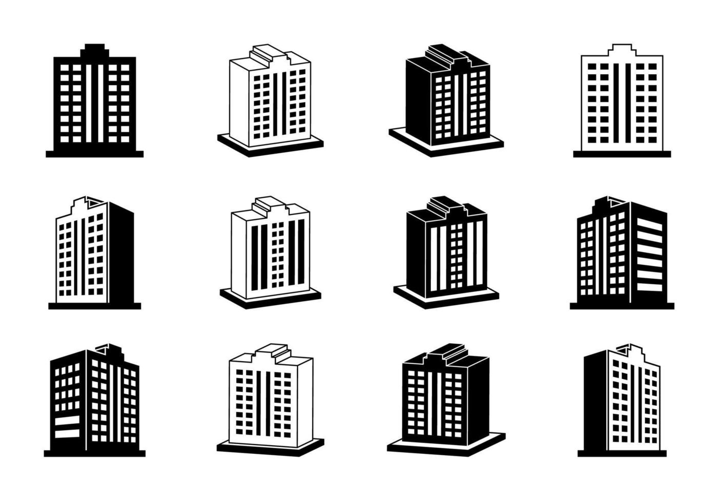 företag ikoner set, bygga vektor på vit bakgrund, siluett hotell och lägenhet illustration
