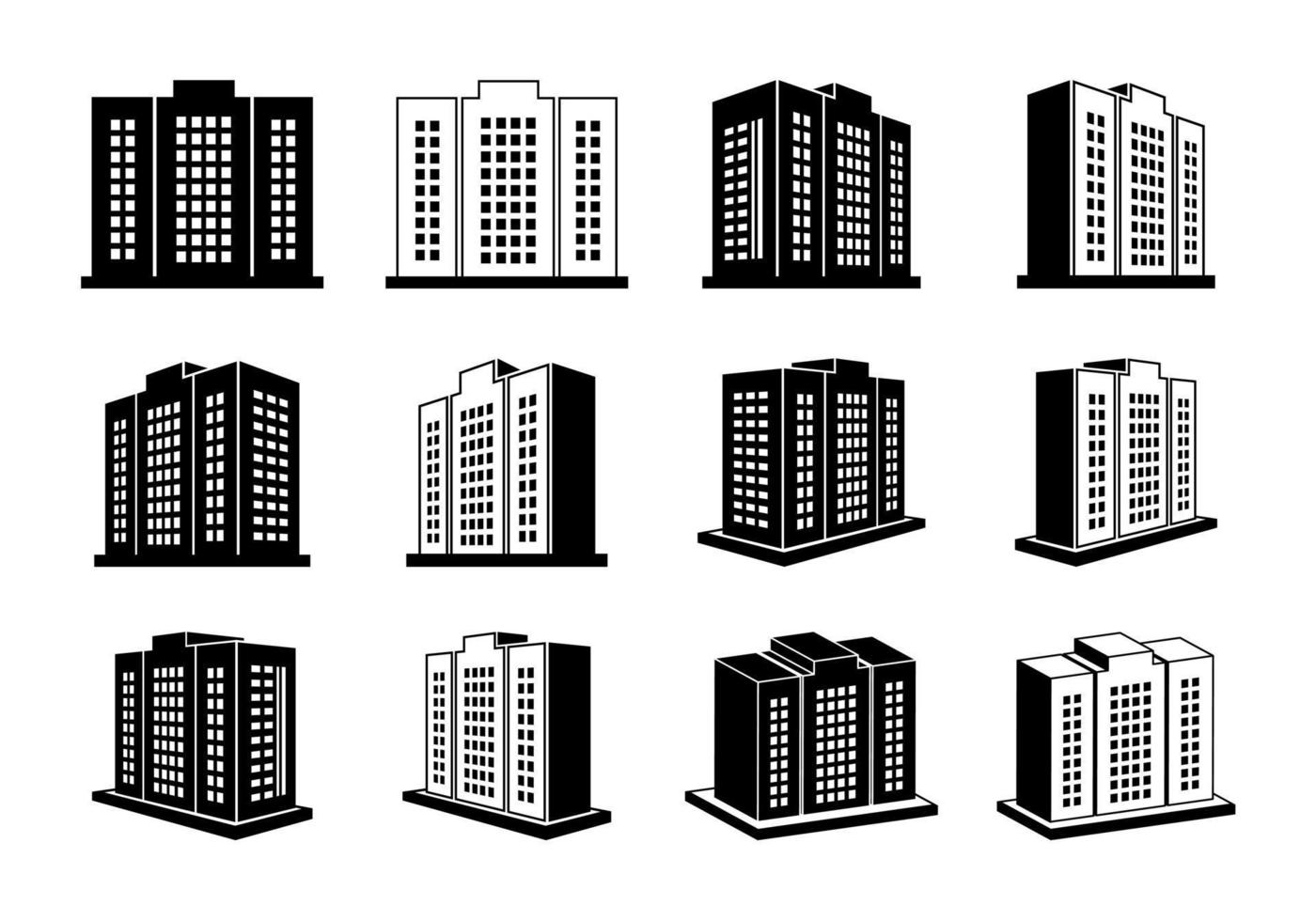 Firmensymbole auf weißem Hintergrund, Gebäudeperspektiven-Vektorsammlung, 3D-Hoteleigentumswohnung und Wohnungsillustration, schwarze Linie isometrische grafische Bank- und Bürosilhouette vektor