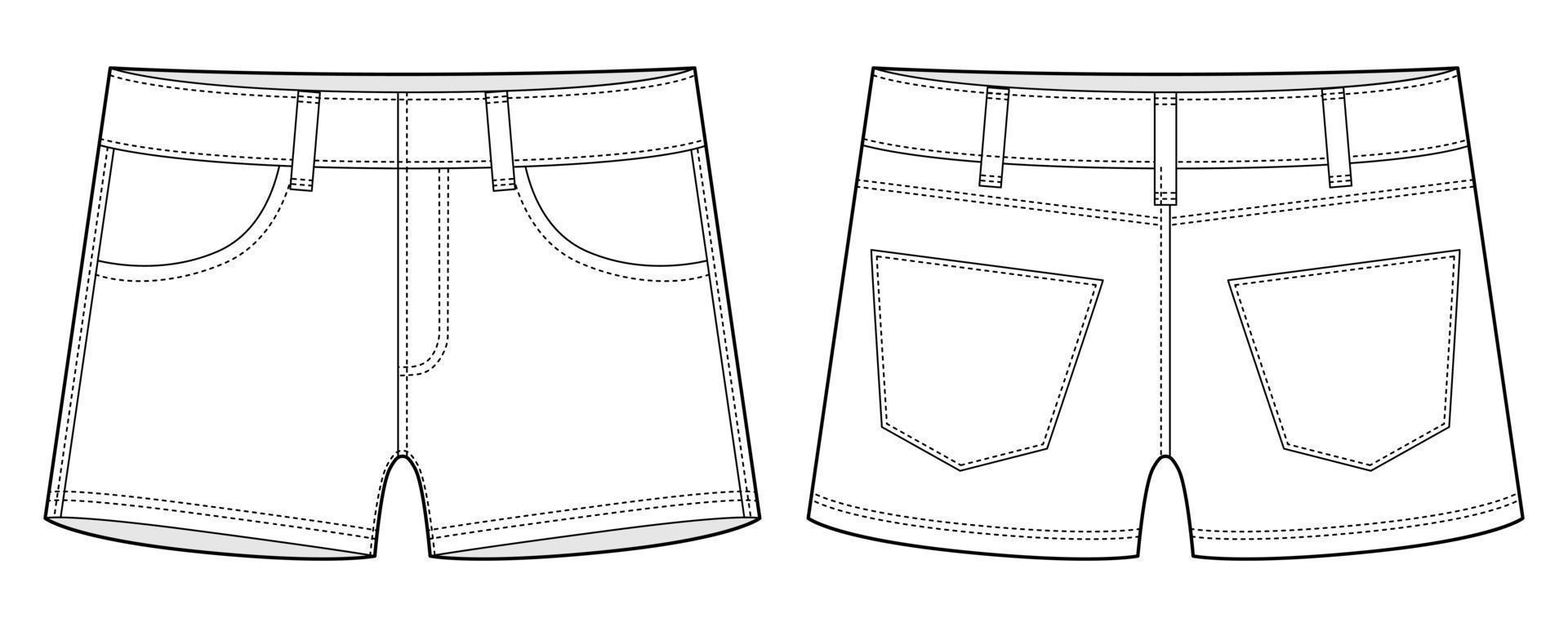 Denim-Shorts mit Taschen technische Skizze. Designvorlage für Kinder-Jeans-Shorts. vektor