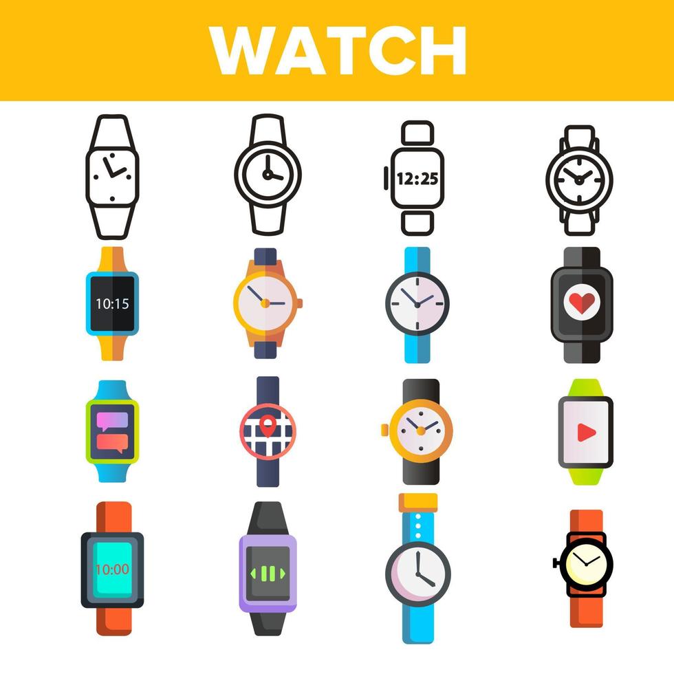 Uhren, Gadgets Vektor dünne Liniensymbole gesetzt
