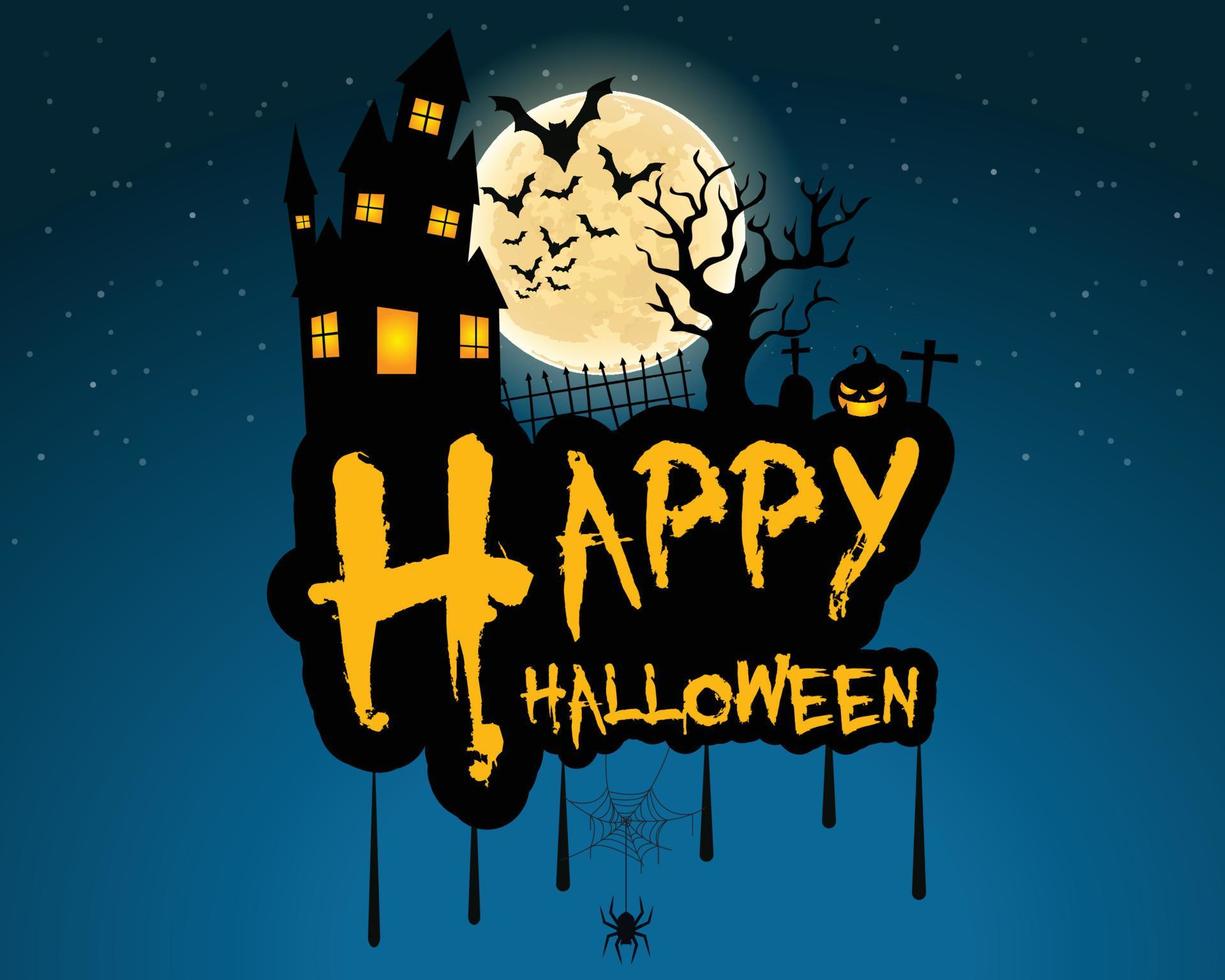 halloween affisch, natt bakgrund med läskiga slott och pumpor, illustration. gratulationskort halloween firande, halloween fest affisch. vektor