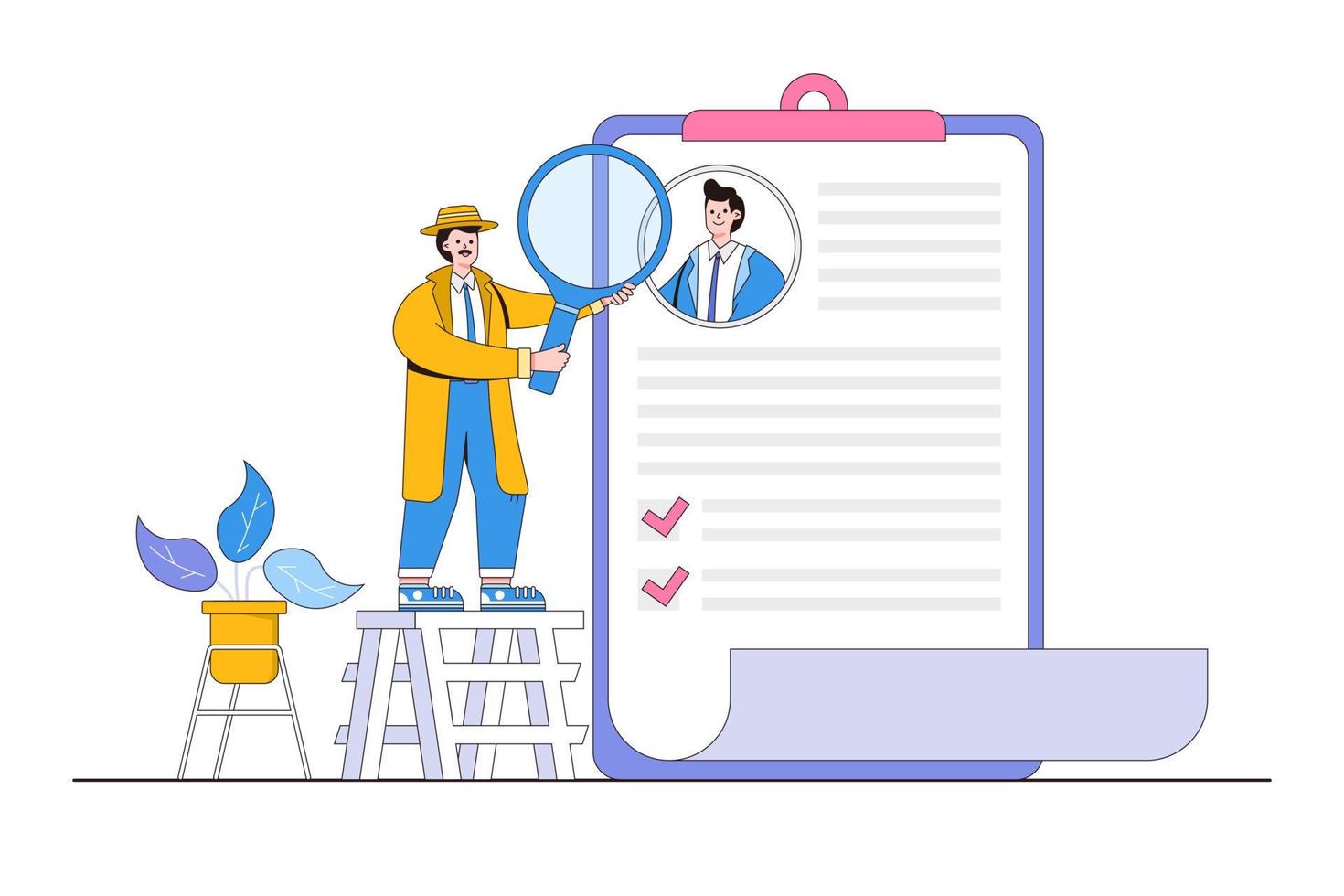 brottslig bakgrund kontrollera kandidat före anställning, rekrytering, personalforskning, CV-analys, karriärhistoria, arbetslivserfarenhetskoncept. detektiv med förstoringsglas som analyserar anställds dokument vektor