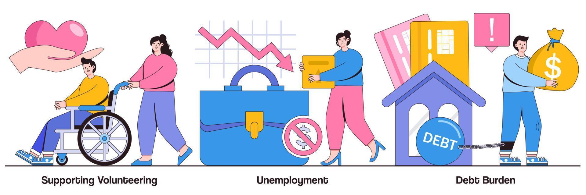 Illustriertes Paket zur Unterstützung von Freiwilligenarbeit, Arbeitslosigkeit und Schuldenlast vektor