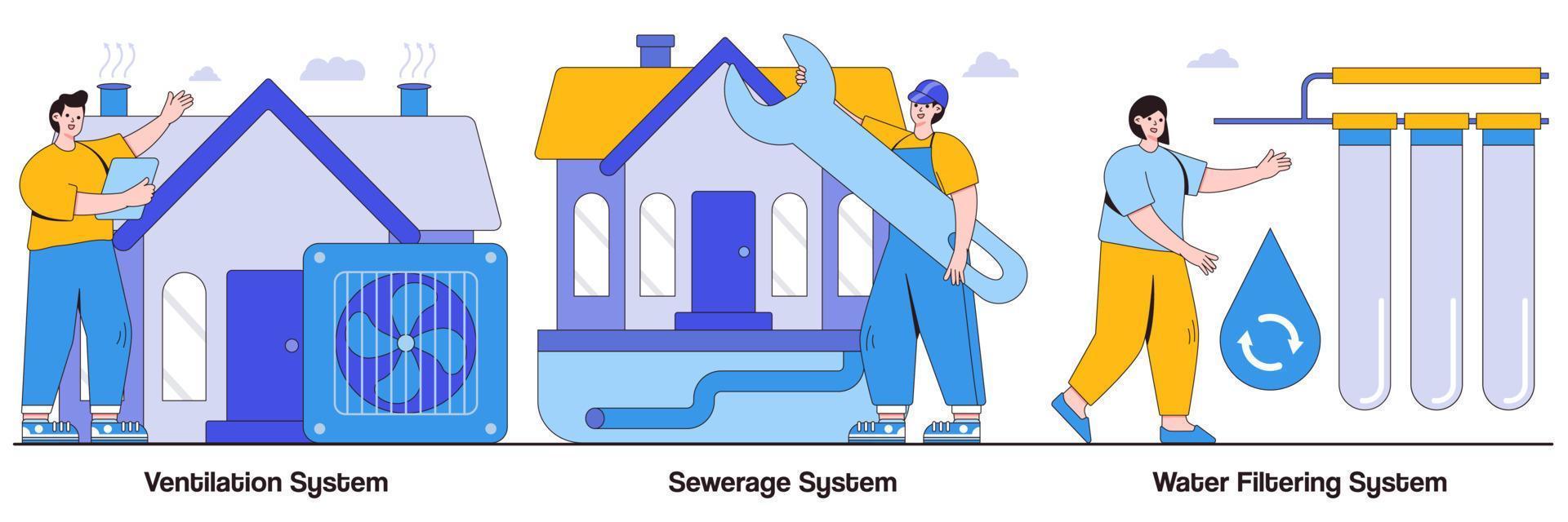 lüftungs-, abwasser- und wasserfiltersystem mit illustrationspaket für menschen vektor