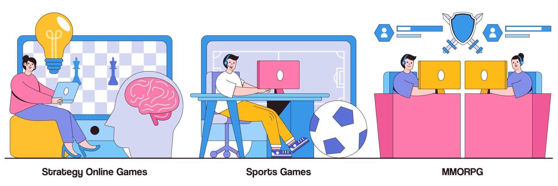 strategie-online-spiele, sportspiele, mmorpg mit illustrationspaket für personencharaktere vektor