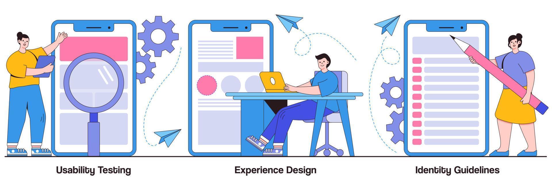 benutzerfreundlichkeitstests, erfahrungsdesign, identitätsrichtlinienkonzept mit menschencharakter. app-prototyping abstrakter vektorillustrationssatz. benutzerfreundliche schnittstellenentwicklung, branding-plan-metapher vektor