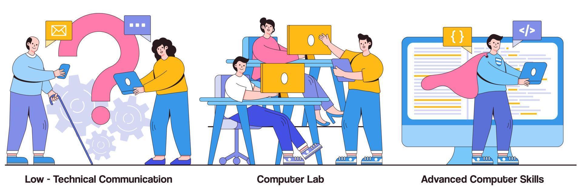 lågteknisk kommunikation, datorlabb, avancerade färdigheter koncept med människor karaktär. datorkunskaper krav vektor illustration set. it-inlärning, enheter för äldre, laboratorium