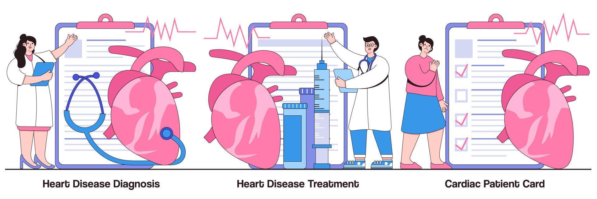 diagnose und behandlung von herzerkrankungen, kardiologisches patientenkartenkonzept mit menschencharakter. Vektor-Illustrationsset für Herz-Kreislauf-Erkrankungen. herzschlagfrequenz, brustschmerzen, stresstest, krankenhausmetapher vektor