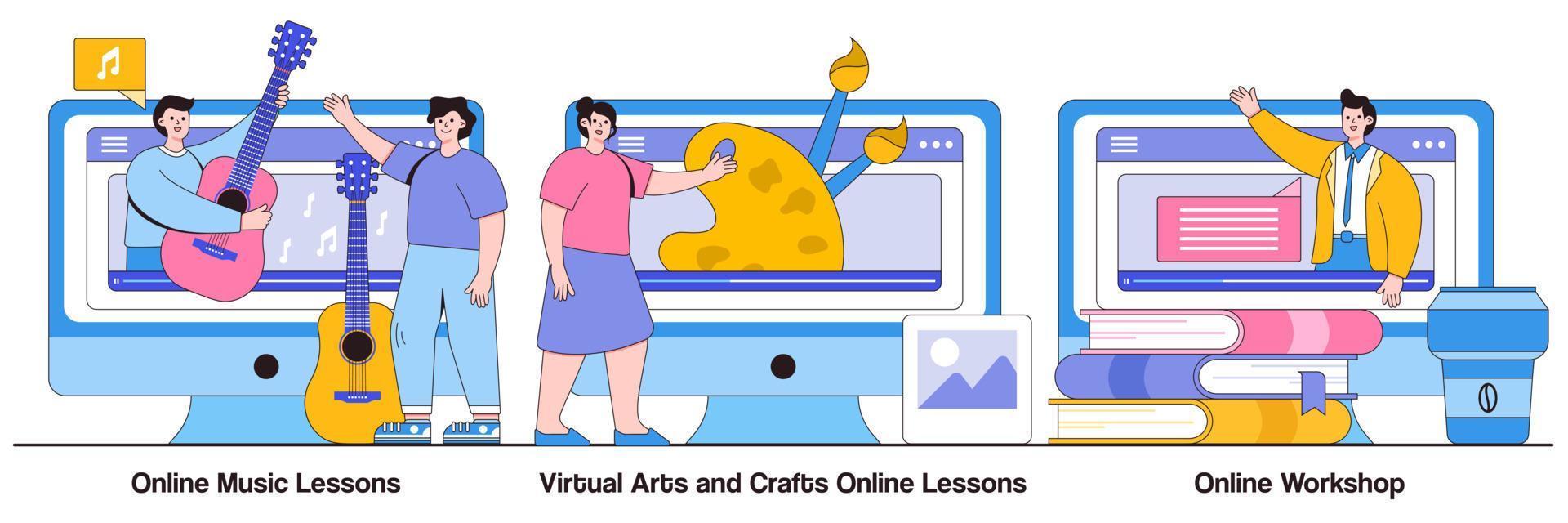 Online-Musikunterricht, Online-Unterricht für virtuelles Kunsthandwerk, Online-Workshop-Konzept mit Menschencharakter. Online-Bildung während des Vektorillustrationssatzes zur Selbstisolierung. kostenlose Meisterkurse vektor