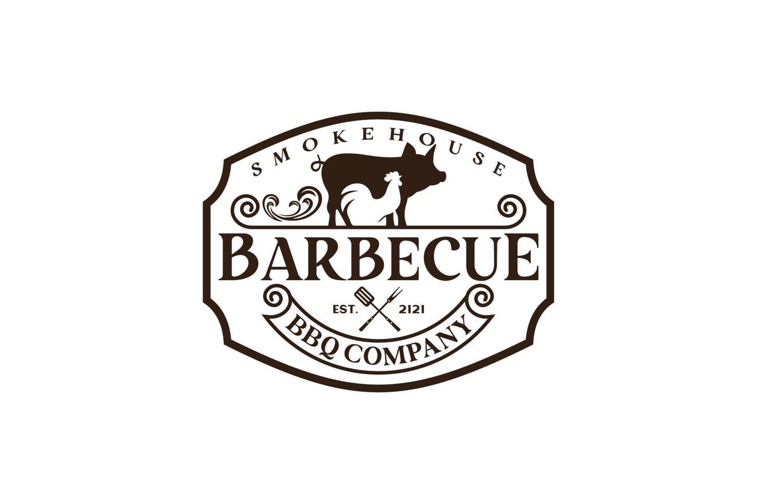 vintage retro rustikaler bbq grill, grill, barbeque label stamp logo design vector