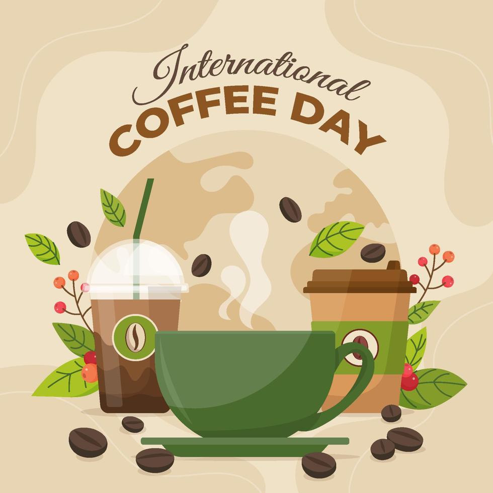 flacher internationaler kaffeetag mit laub vektor