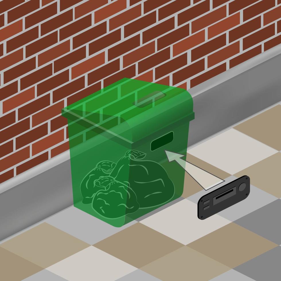 grüner Müllcontainer auf dem Hintergrund einer Backsteinmauer. Vektor-Illustration isoliert, isometrisches Bild vektor