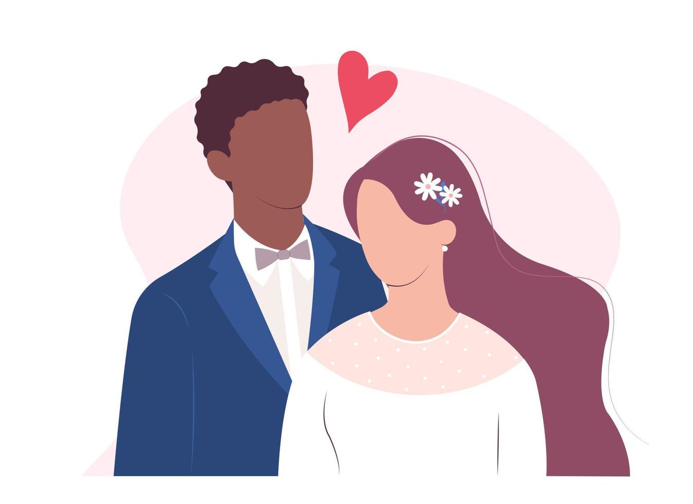 vackra unga brud och brudgum, interracial bröllopspar. afroamerikansk brudgum och kaukasisk brud. vektor