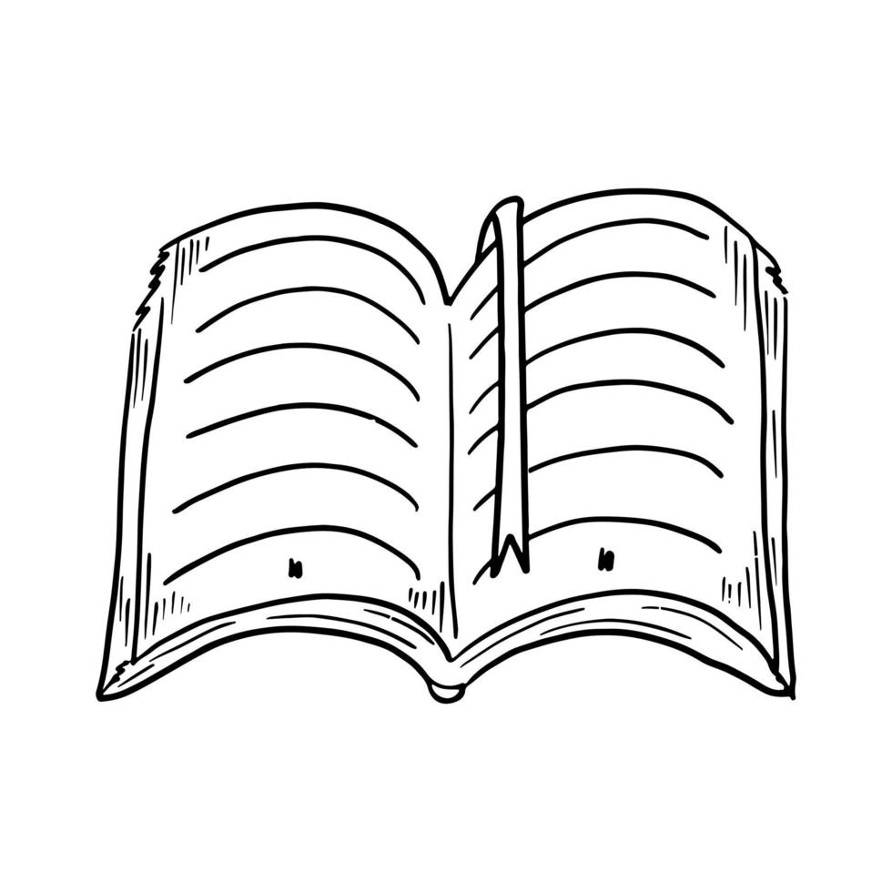 öppen bok med ett bokmärke i handritad doodle stil. vektor skiss ritning bok illustration.
