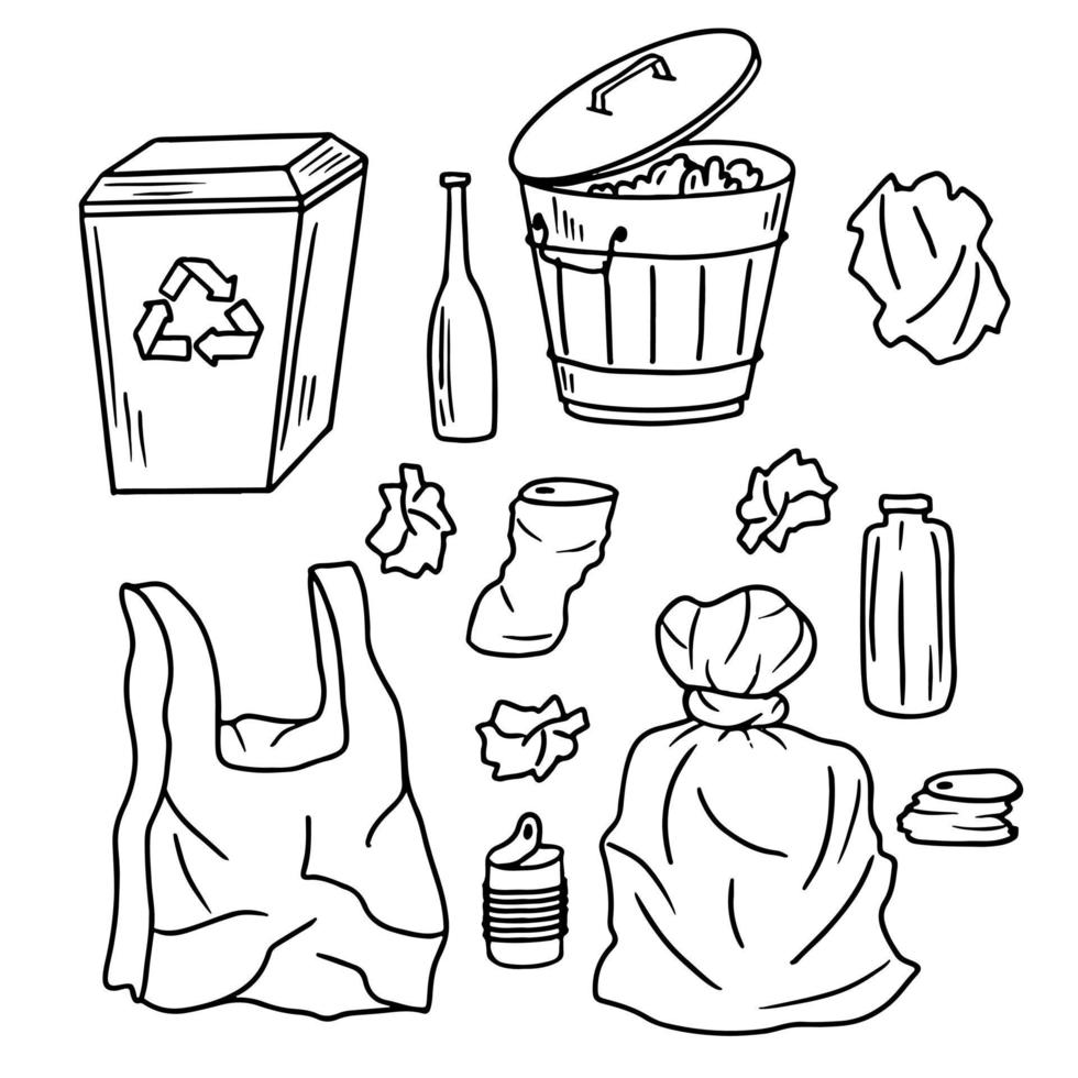 Mülleimer und Müll im handgezeichneten Doodle-Stil. Vektor-Illustration isoliert auf weißem Hintergrund. vektor