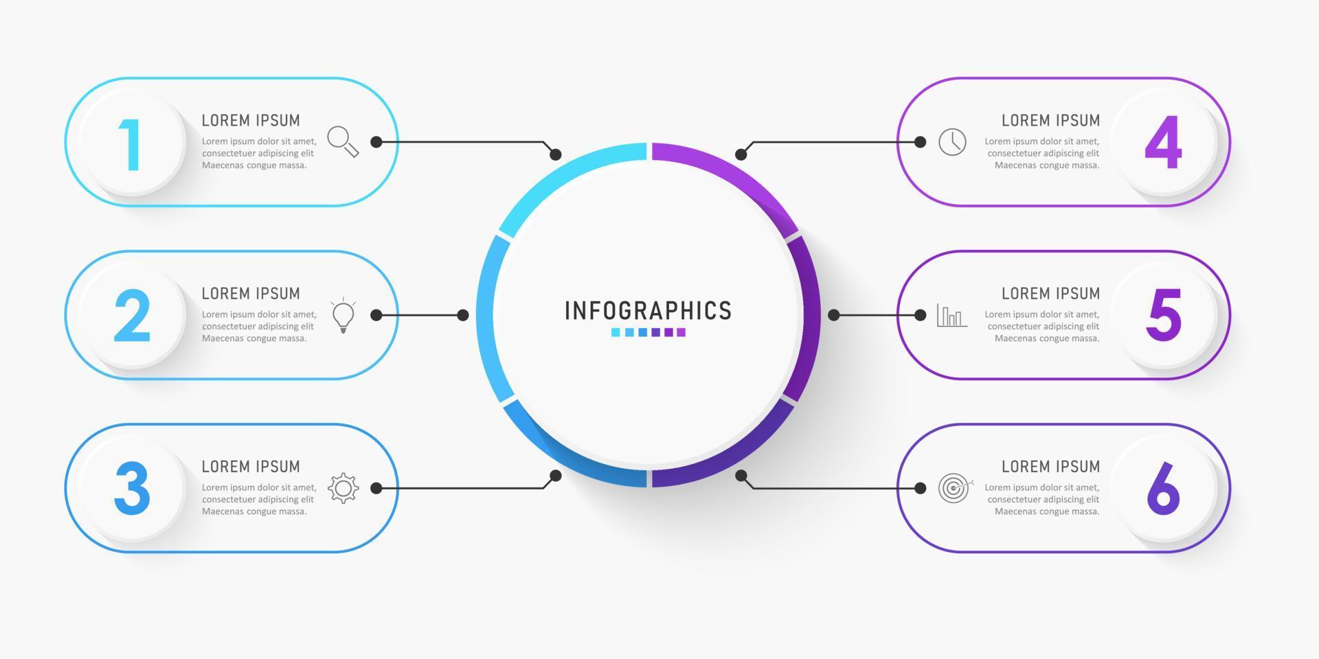 Vektor-Infografik-Etikettendesign-Vorlage mit Symbolen und 6 Optionen oder Schritten. kann für Prozessdiagramme, Präsentationen, Workflow-Layouts, Banner, Flussdiagramme und Infografiken verwendet werden. vektor