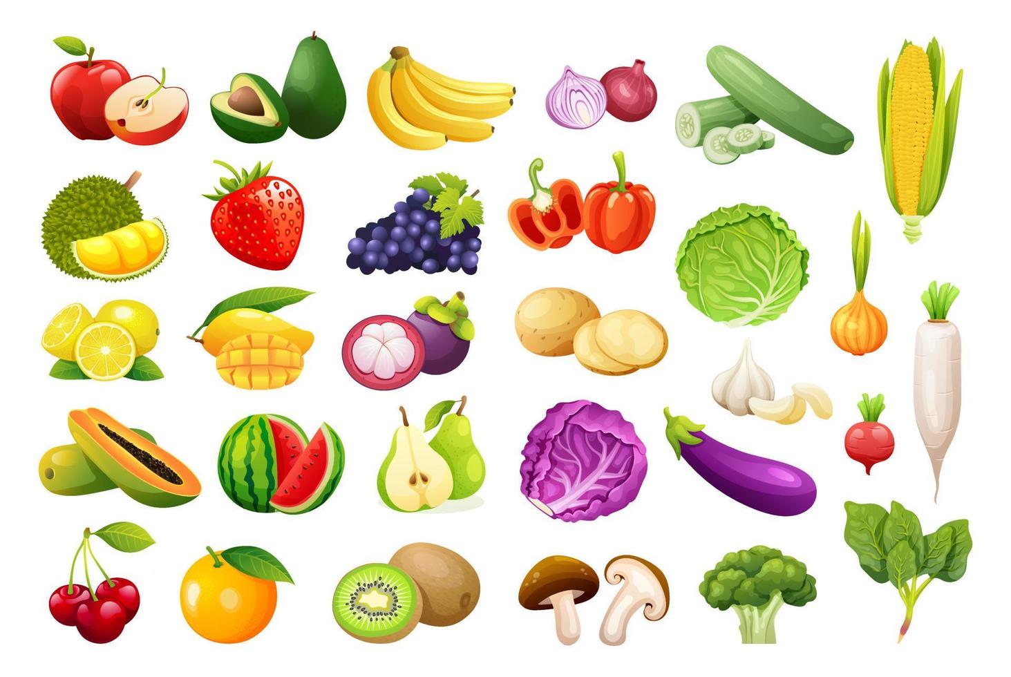 Vektor-Set von Obst und Gemüse im Cartoon-Stil. gesunde lebensmittelillustration vektor