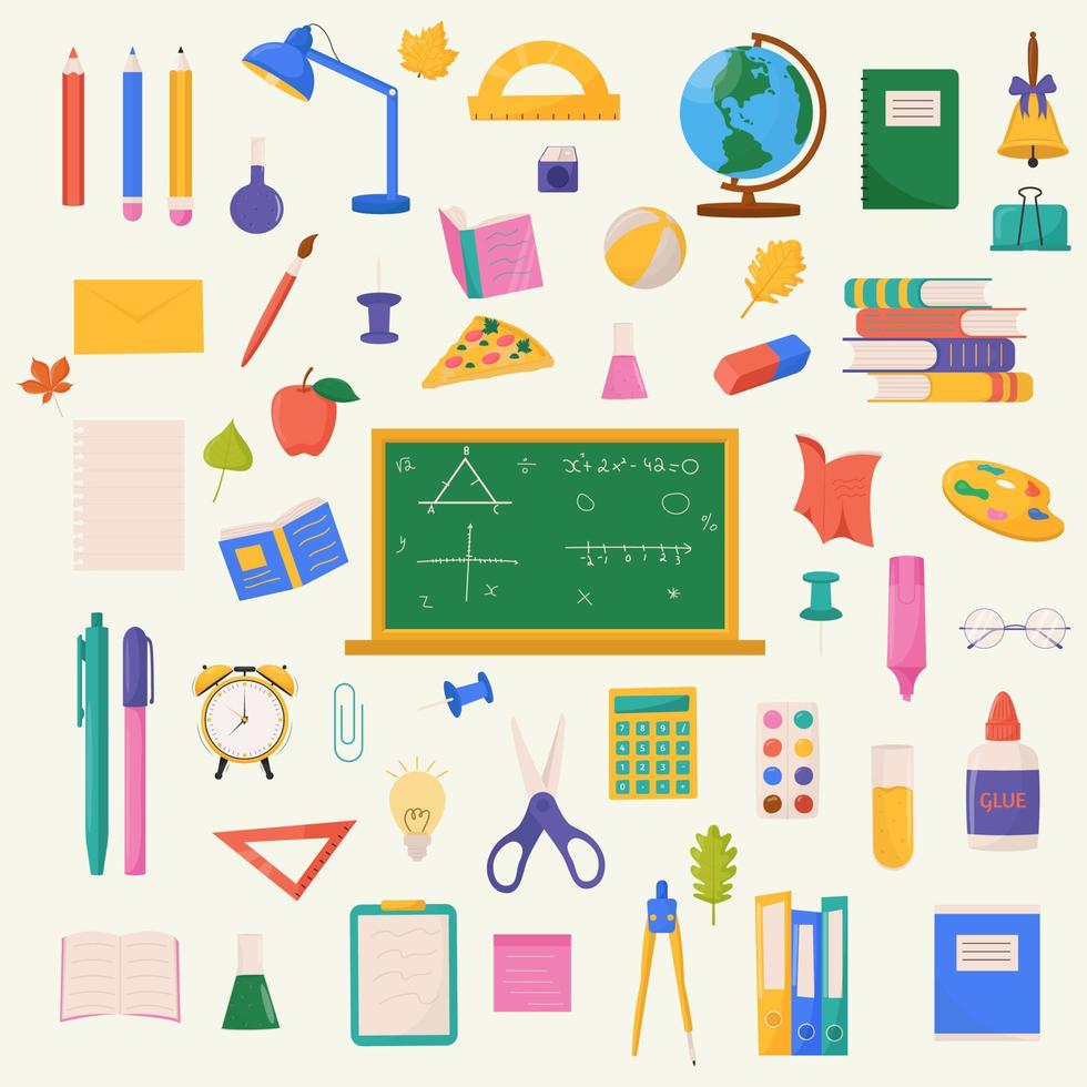 Schul- und bildungsbezogene Sets von Gegenständen, bestehend aus Kugelschreiber, Bleistift, Lineal, Alam, Buch, Notizbuch. Vektor-Illustration. vektor