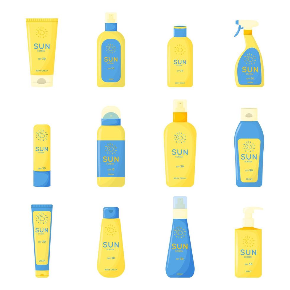 hudvårdsprodukter. solskydd, uv-skydd samling. tuber och flaskor med solskyddsprodukter med spf-kräm, läppstift, spray. sommar kosmetika. vektor