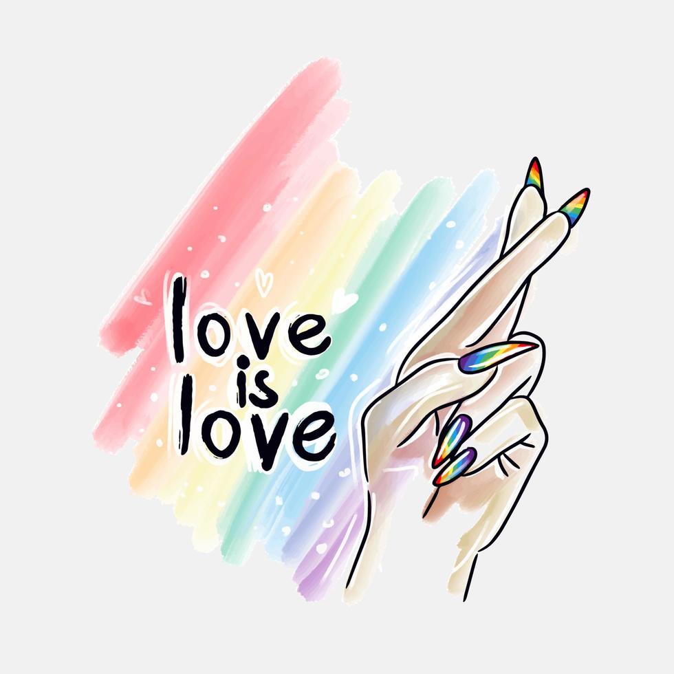 kärlek är kärlek. hand med långa naglar, akvarellbakgrund, färgstänk, lgbt pride, gay pride, regnbågsflagga vektor
