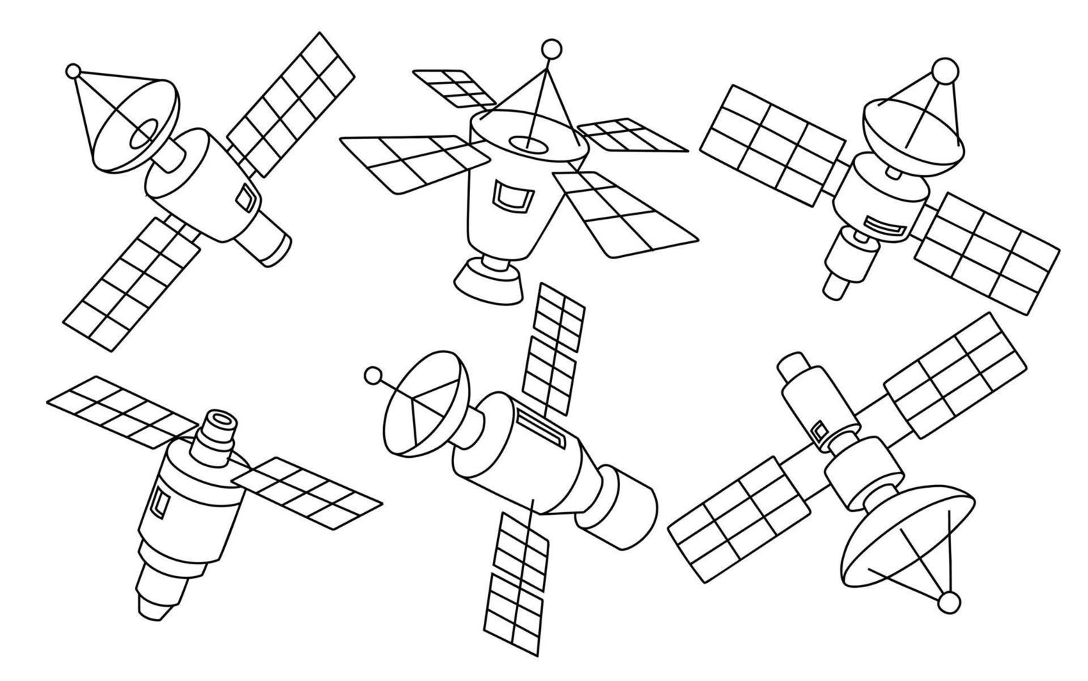 doodle uppsättning söt satellit. vektor