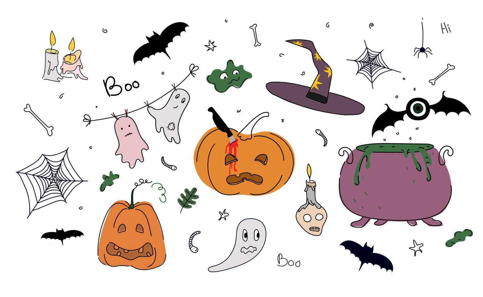 Halloween-Set. Vektorillustration mit Spinnweben, Poik, Kürbis, Trankkessel, Geistern, Hexenhut, Kerzen, Magie im Doodle-Stil. vektor