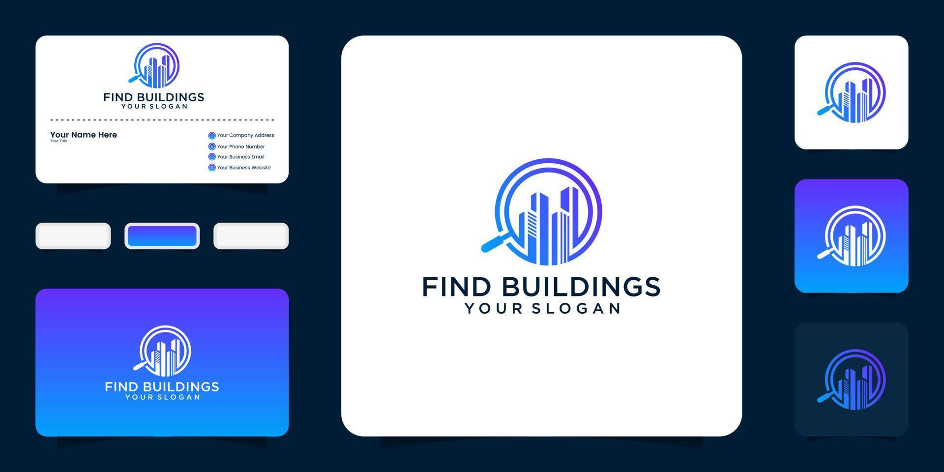 sök logotyp design med byggnad och förstoringsglas och visitkort vektor