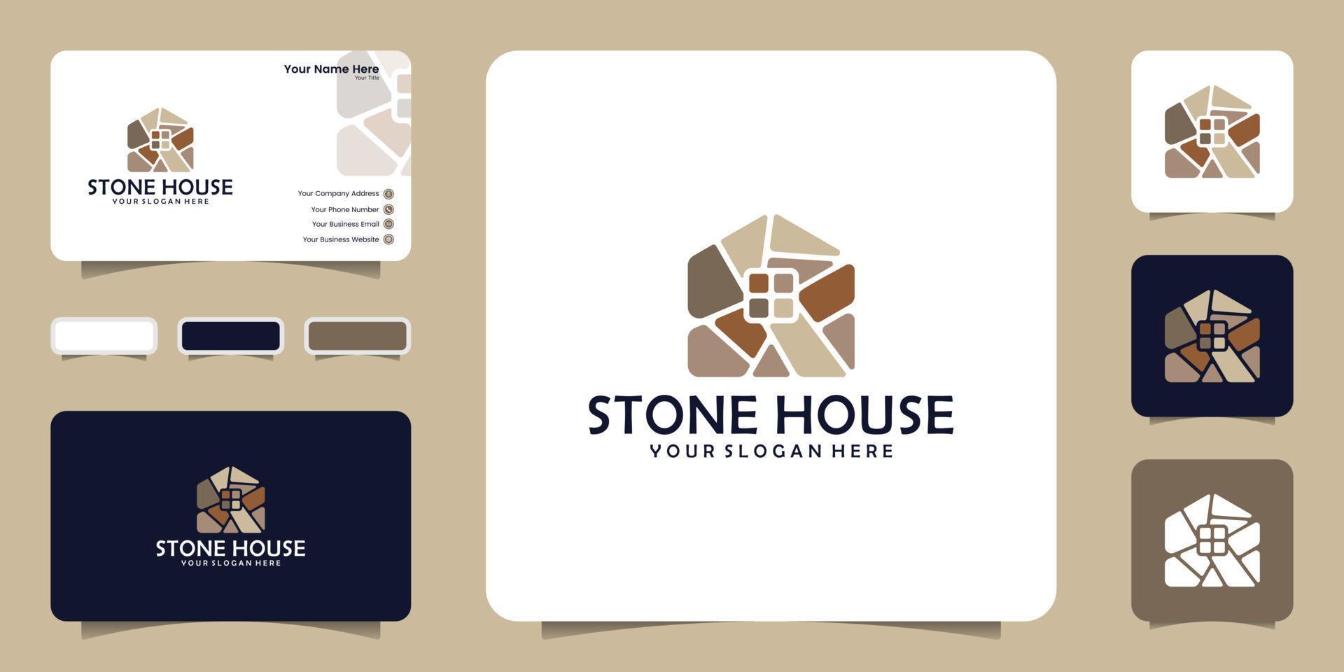 inspiration till stenhusets logotypdesign med färgglada stenarrangemang och visitkortsdesign vektor