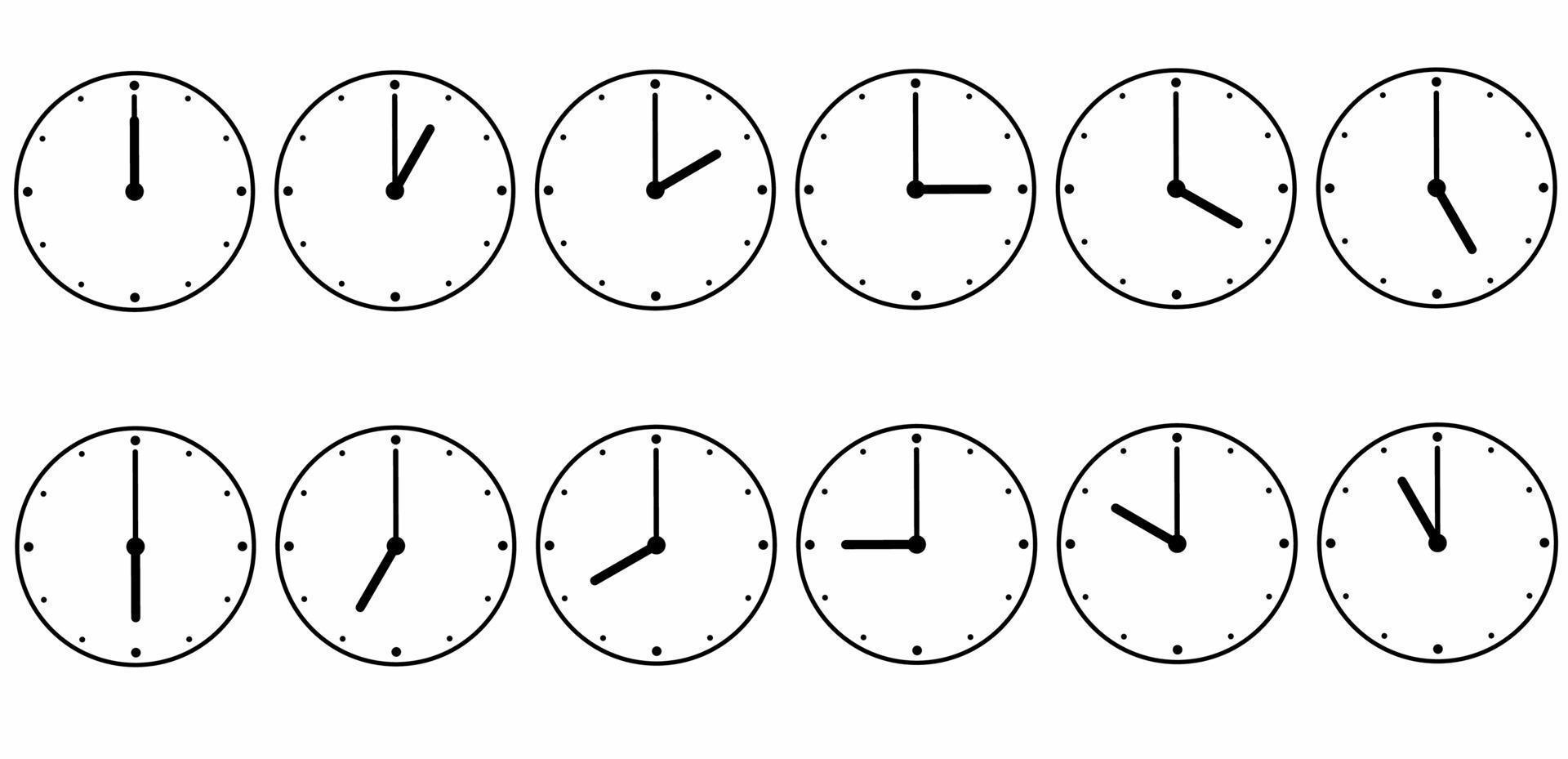 Uhren-Icon-Set für jede Stunde isoliert auf weißem Hintergrund vektor