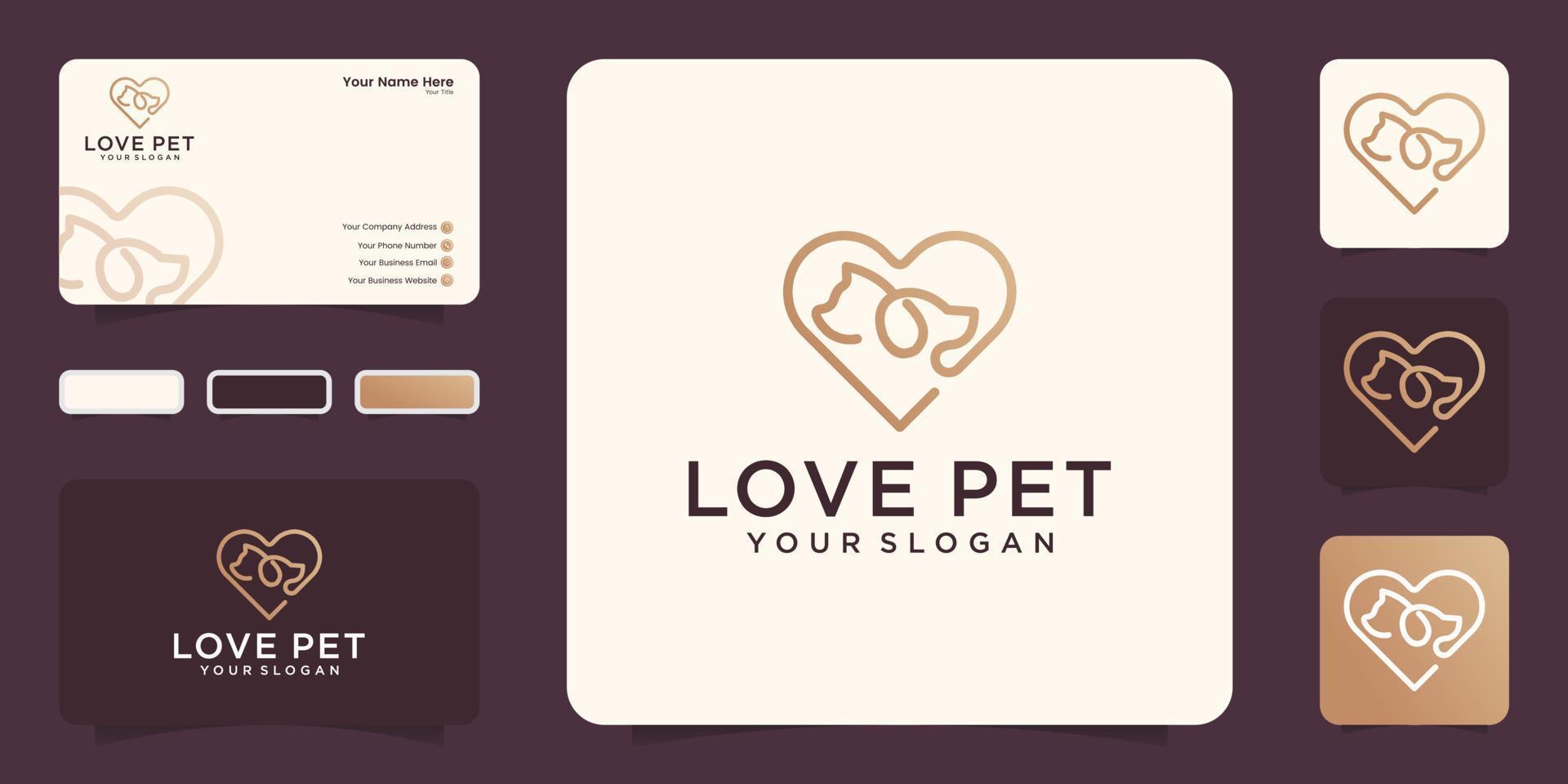 pet love logotyp linjekonst stil designmallar och visitkort vektor