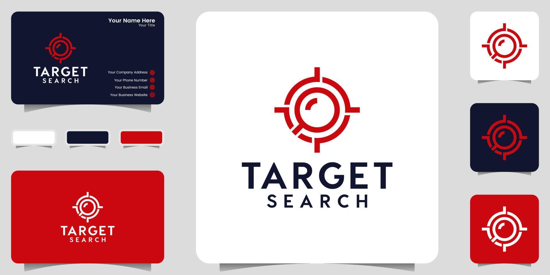 Zielsuche-Logo-Inspiration, Lupe und Zielfokus-Vorlage und Visitenkarten-Design vektor