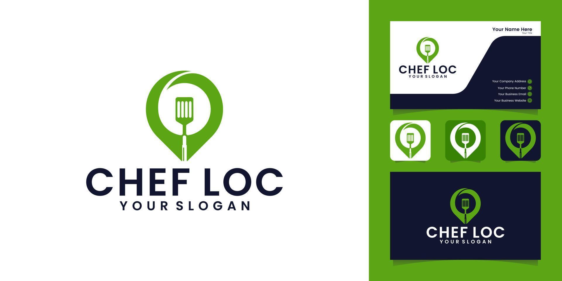 Food-Location-Logo mit Spachtel und Pin-Point-Karten-Logo-Design und Visitenkarte vektor