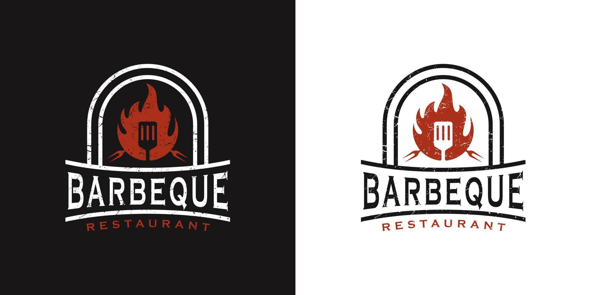 BBQ-Retro-Vintage-Design-Logo mit Spachtel-Logo und Feuerkonzept in Kombination vektor