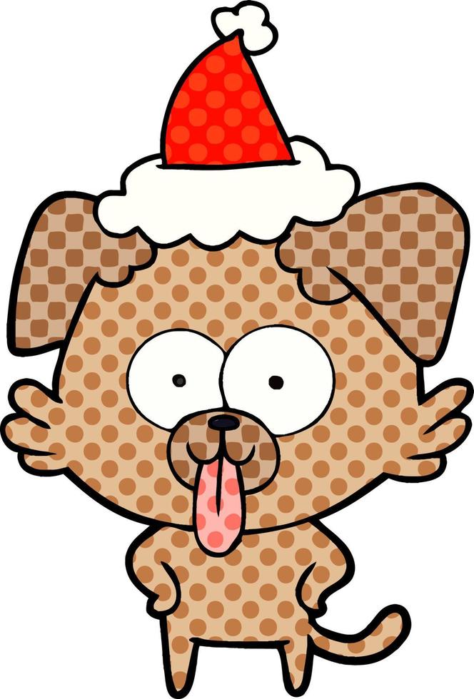 illustration i serietidning av en hund med tungan som sticker ut iförd tomtehatt vektor