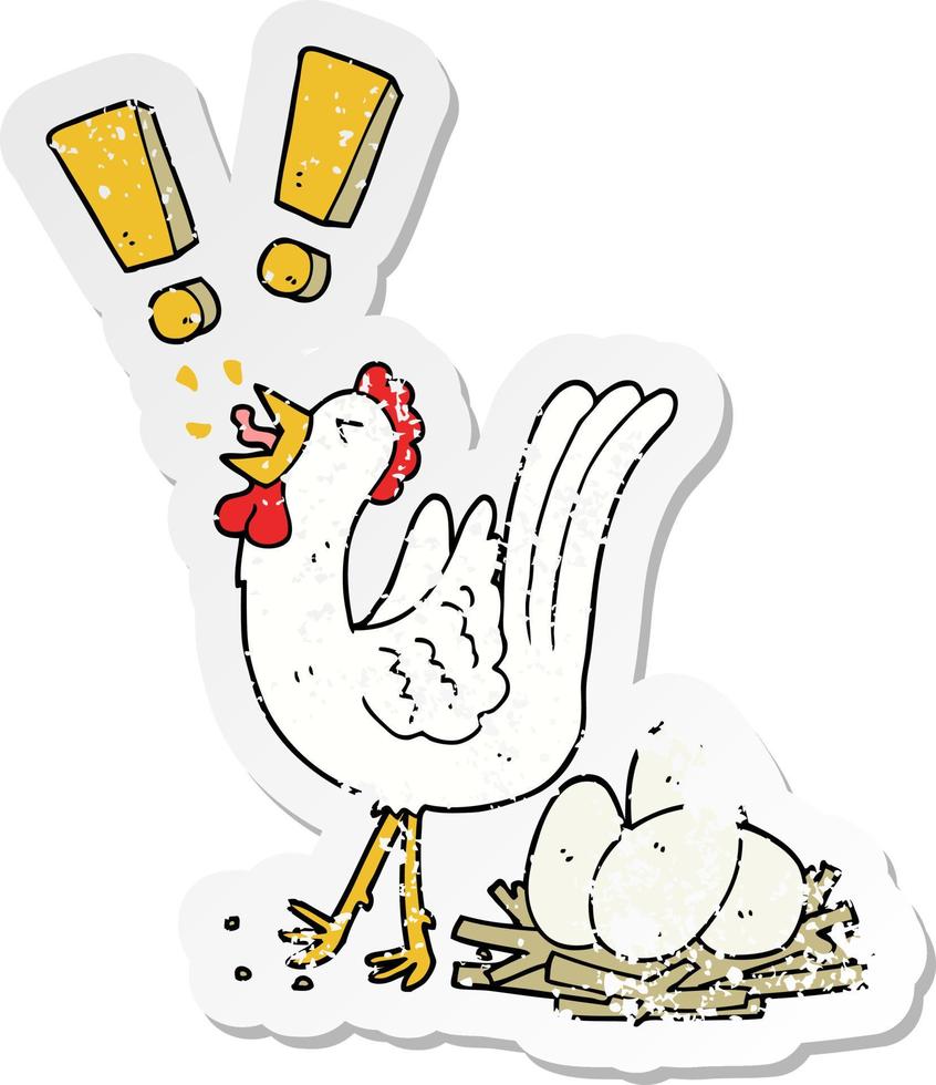 bedrövad klistermärke av en tecknad kyckling som lägger ägg vektor