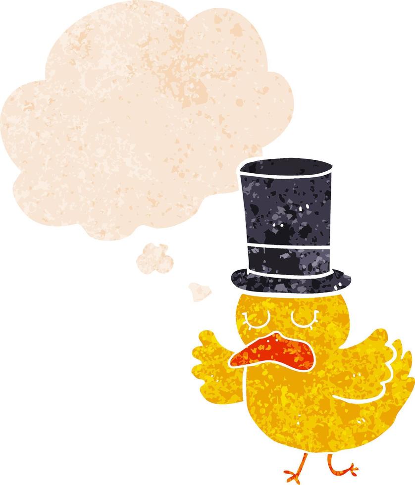 Cartoon-Ente mit Hut und Gedankenblase im strukturierten Retro-Stil vektor