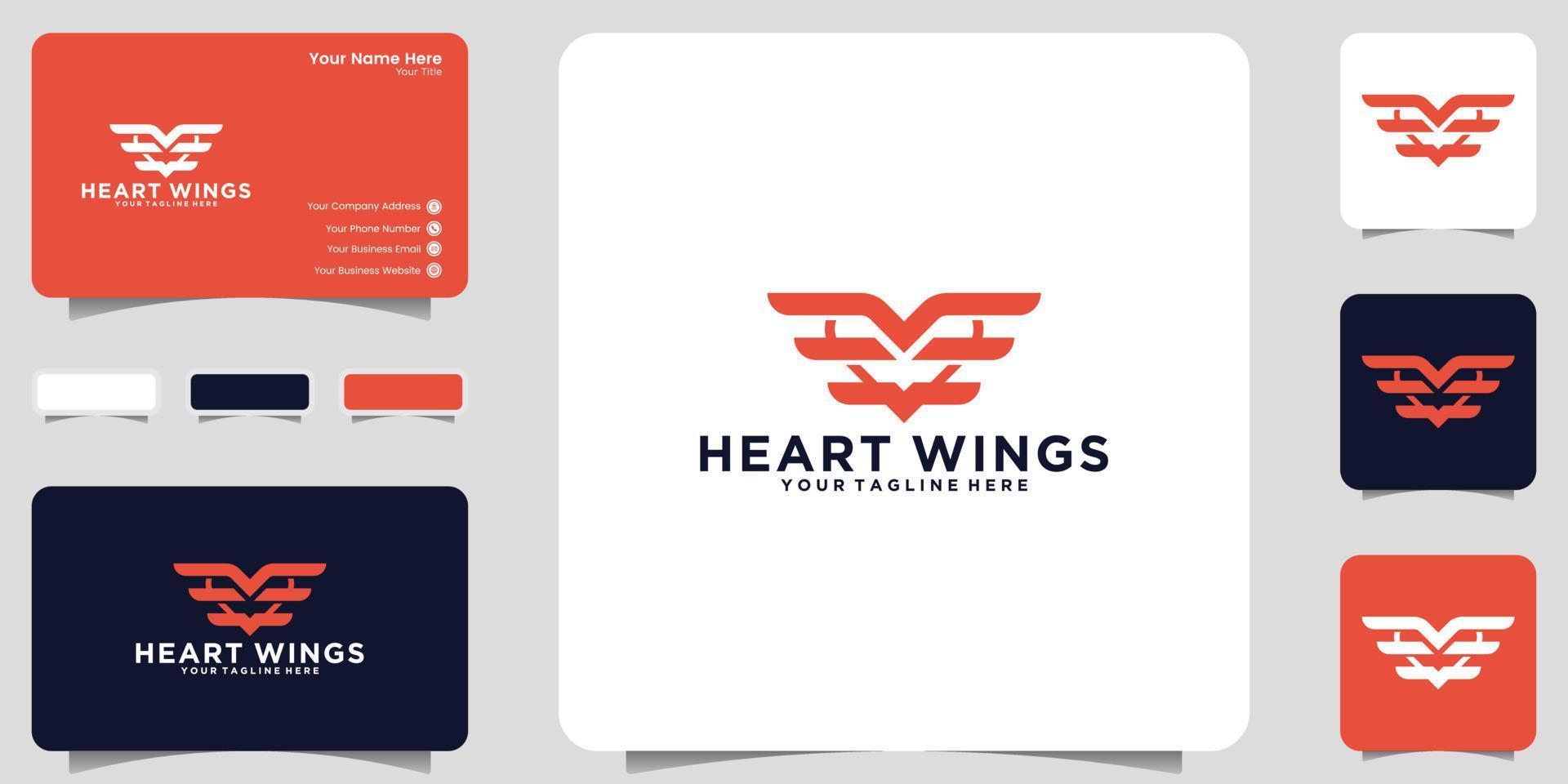 geflügeltes Herz-Logo-Symbol und Visitenkarten-Design vektor