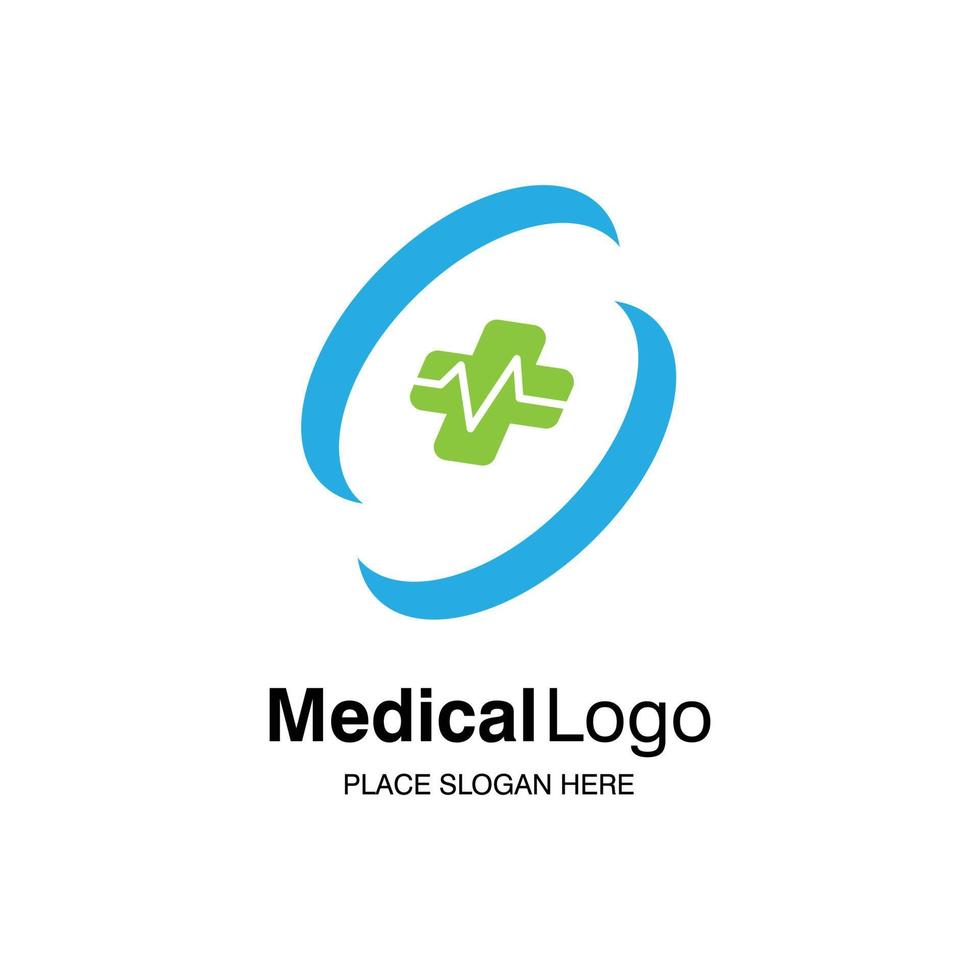 medicinsk logotypdesign. sjukhus logotyp koncept med medicinsk kors och hjärtfrekvens symbol vektor