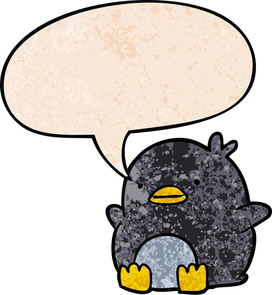 niedlicher Cartoon-Pinguin und Sprechblase im Retro-Textur-Stil vektor