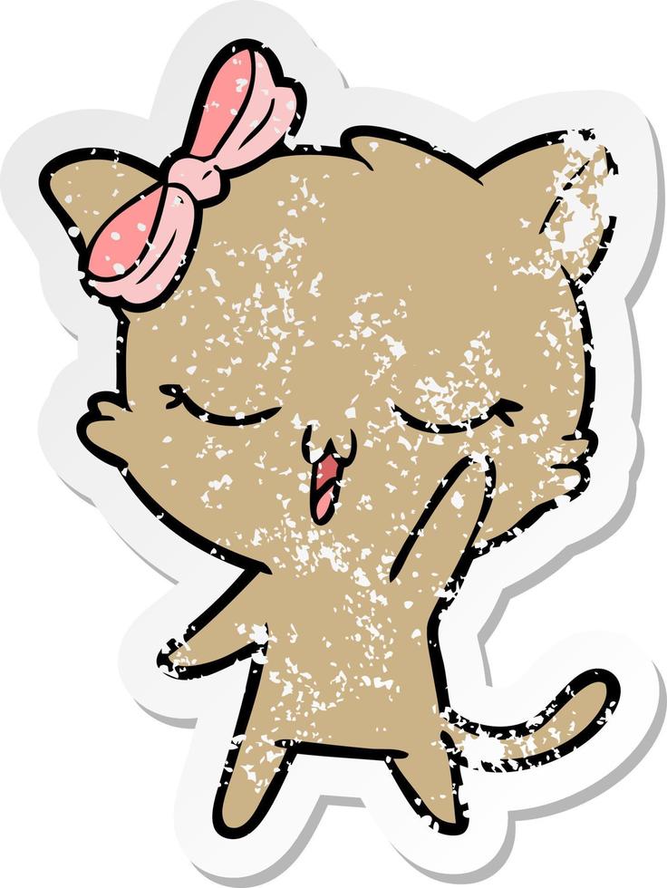 nödställda klistermärke av en tecknad katt med rosett på huvudet viftande vektor