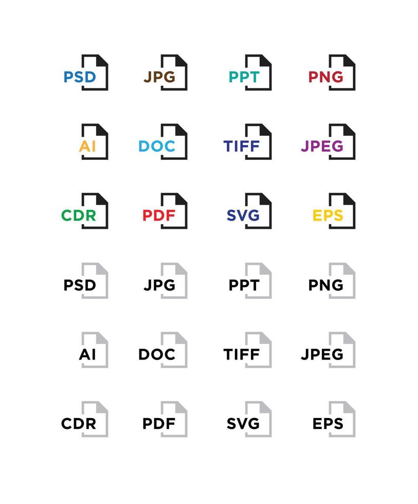 ikoner för att expandera format. filikoner. vektor platt ikoner med gradient, isolerad på vit bakgrund. moderiktig stil. ikoner för webbplats och utskrift. ikoner för filer png, jpeg, ai, esp, cdr