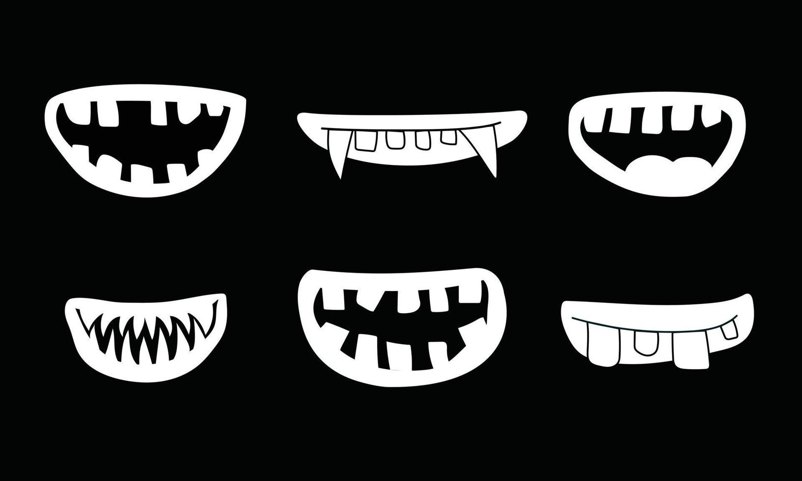 Satz gruseliger Lächelnmasken. Sammlung verschiedener Arten von lächelnden Gesichtern mit Zähnen. Strichzeichnungen. gruselige Mundmasken. Halloween-Masken. vektorillustration für kinder. vektor