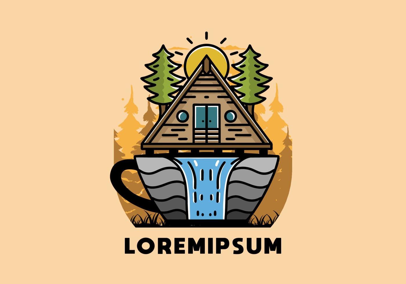 holzhütte und kiefern auf der kaffeetassenform mit wasserfallillustration vektor