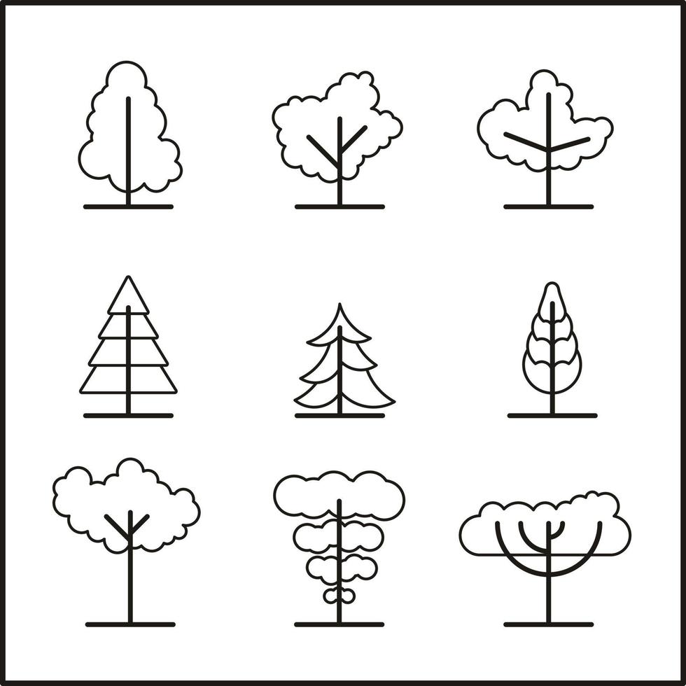 uppsättning linjära träd ikoner. skog, park och trädgård träd linjära tecken samling. enkla geometriska trädkontursymboler för följet. vektor