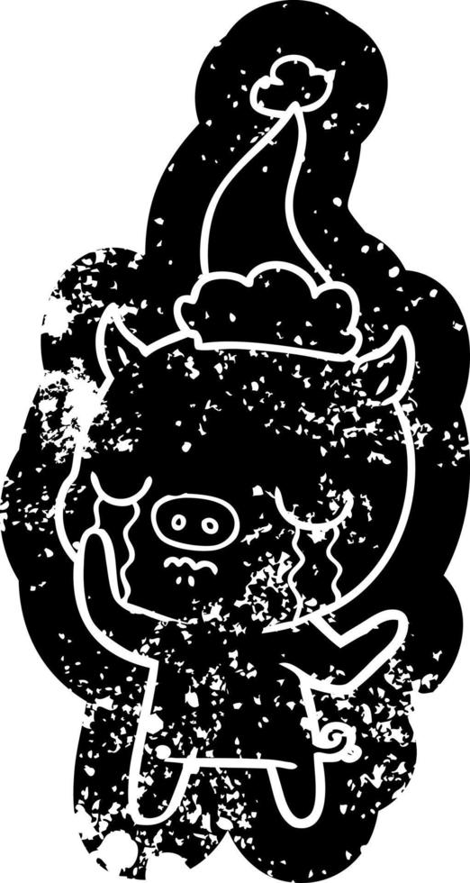 tecknad nödställd ikon av en gris som gråter bär tomtehatt vektor