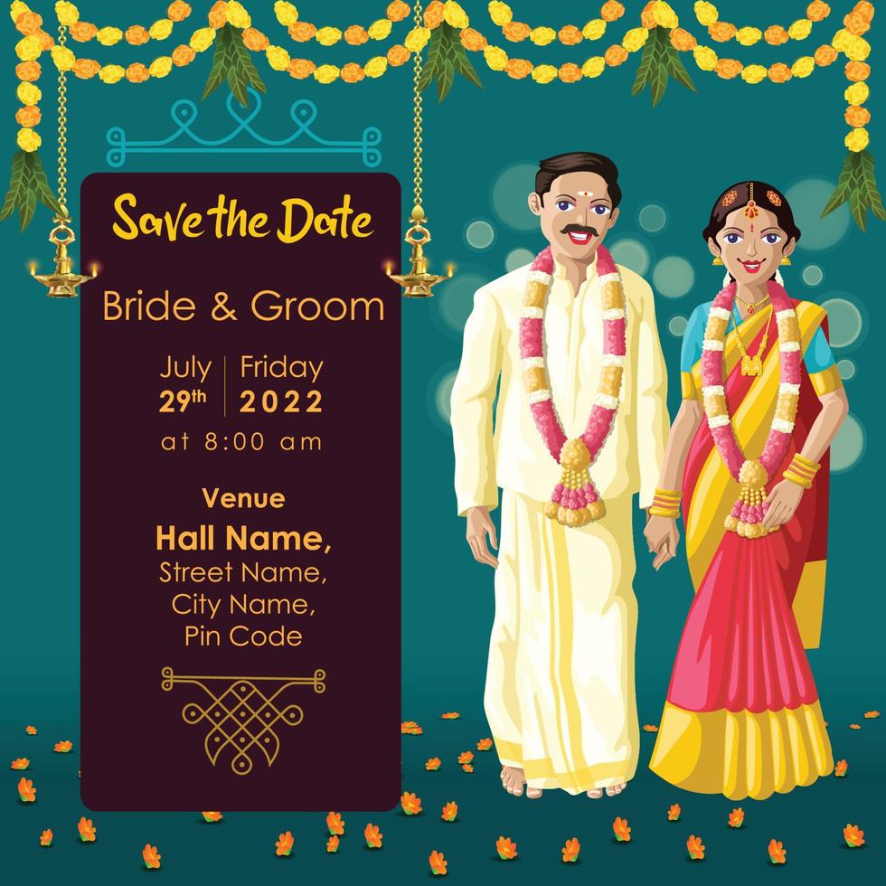 indiska tamil bröllopsinbjudan bruden och brudgummen håller händer vektor